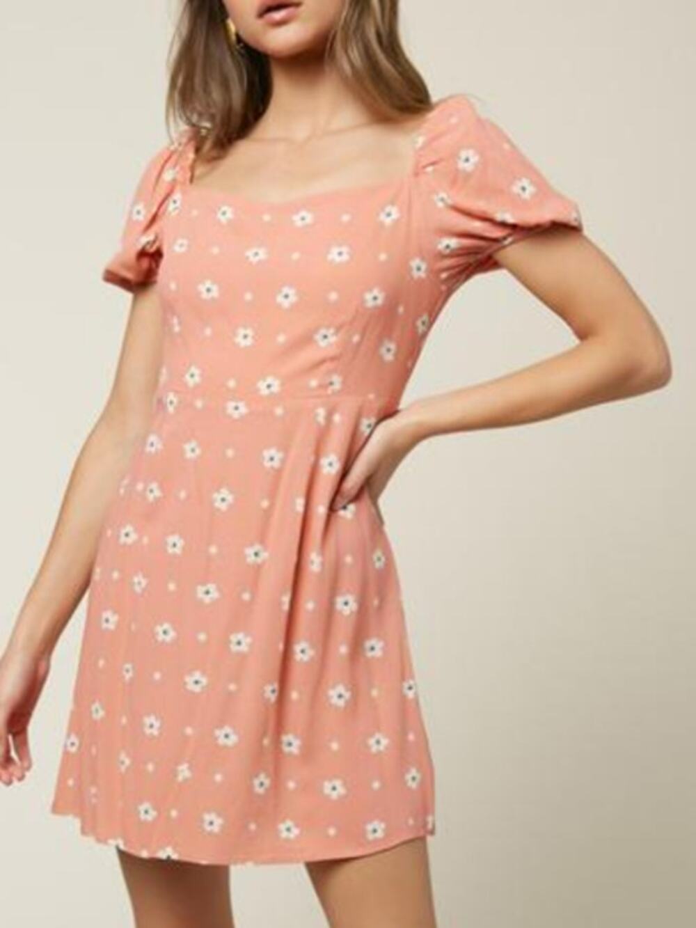 O'Neill Mandia Short Sleeve Floral Mini Dress NWT Women's Sz XL Peach Smocking